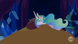 Size: 1000x562 | Tagged: safe, screencap, princess celestia, g4, twilight's kingdom, bed, female, hub logo, out of context, sleeping, solo