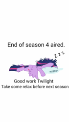 Size: 720x1280 | Tagged: safe, twilight sparkle, alicorn, pony, g4, cheer, female, mare, messy mane, pillow, prone, sleeping, solo, spread wings, tired, twilight sparkle (alicorn), zzz