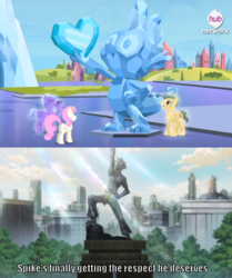 Size: 826x986 | Tagged: safe, ivory, ivory rook, rubinstein, spike, twinkleshine, equestria games (episode), g4, hub logo, image macro, kamina, meme, spike's statue, statue, tengen toppa gurren lagann