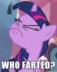 Size: 366x461 | Tagged: safe, edit, edited screencap, screencap, twilight sparkle, alicorn, pony, g4, twilight's kingdom, faic, female, hub logo, image macro, implied farting, mare, meme, scrunchy face, solo, twilight sparkle (alicorn)