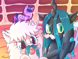 Size: 1600x1200 | Tagged: safe, artist:nyako-shoyu, queen chrysalis, twilight sparkle, oc, oc:fluffle puff, alicorn, changeling, changeling queen, nymph, pony, g4, cute, cutealis, female, flufflebetes, library, looking at you, mare, moustache, ocbetes, tongue out, trio, trio female, twilight sparkle (alicorn), warfstache