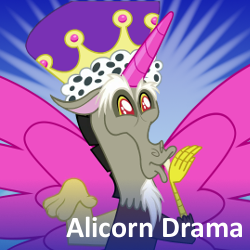 Size: 250x250 | Tagged: safe, discord, g4, my little pony: friendship is magic, twilight's kingdom, alicorn drama, caption, drama, meta, princess discord, spoilered image joke