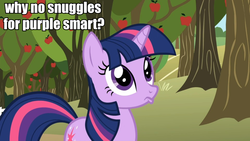 Size: 960x540 | Tagged: safe, edit, screencap, twilight sparkle, pony, unicorn, applebuck season, g4, bronybait, cute, female, frown, image macro, mare, meme, pouting, purple smart, sad, snuggling, solo, twiabetes, unicorn twilight