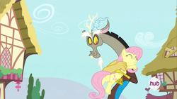 Size: 1280x720 | Tagged: safe, screencap, discord, fluttershy, pony, g4, twilight's kingdom, hub logo, hug