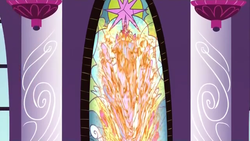 Size: 640x360 | Tagged: safe, screencap, twilight sparkle, alicorn, pony, g4, twilight's kingdom, female, hub logo, mare, melting, stained glass, twilight sparkle (alicorn), window