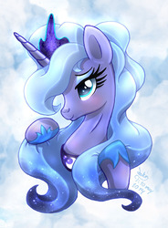 Size: 900x1220 | Tagged: safe, artist:joakaha, princess luna, alicorn, pony, g4, abstract background, bust, crown, female, hoof shoes, jewelry, mare, portrait, regalia, s1 luna, signature, solo