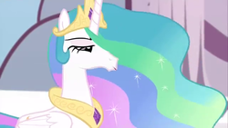 Size: 640x360 | Tagged: safe, screencap, princess celestia, pony, g4, twilight's kingdom, female, hoers, hub logo, kissy face, solo, wat