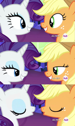 Size: 923x1551 | Tagged: safe, edit, edited screencap, screencap, applejack, rarity, g4, twilight's kingdom, comic, eye contact, hub logo, out of context