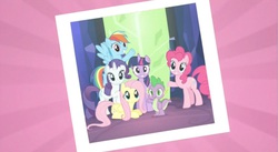 Size: 852x468 | Tagged: safe, edit, screencap, fluttershy, pinkie pie, rainbow dash, rarity, spike, twilight sparkle, alicorn, dragon, earth pony, pegasus, pony, unicorn, g4, season 4, twilight's kingdom, animation error, female, let the rainbow remind you, male, mare, missing pony, photo, twilight sparkle (alicorn)