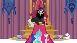 Size: 640x360 | Tagged: safe, screencap, lord tirek, princess cadance, princess celestia, princess luna, centaur, pony, g4, twilight's kingdom, canterlot throne room, ethereal mane, female, hub logo, male, mare, scorpan's necklace, throne, throne room