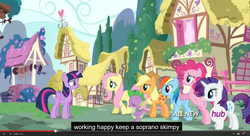 Size: 1600x870 | Tagged: safe, screencap, applejack, fluttershy, pinkie pie, rainbow dash, rarity, spike, twilight sparkle, alicorn, pony, g4, twilight's kingdom, female, hub logo, mare, meme, twilight sparkle (alicorn), youtube caption