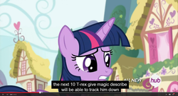 Size: 1600x870 | Tagged: safe, screencap, twilight sparkle, alicorn, pony, tyrannosaurus rex, g4, twilight's kingdom, female, hub logo, mare, meme, solo, twilight sparkle (alicorn), youtube caption