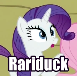 Size: 258x257 | Tagged: safe, edit, edited screencap, screencap, rarity, pony, unicorn, g4, twilight's kingdom, animation error, female, horn, impact font, literal jawdrop, mare, rariduck, solo