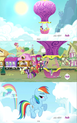 Size: 1441x2287 | Tagged: safe, screencap, big macintosh, chelsea porcelain, derpy hooves, geri, granny smith, mr. waddle, rainbow dash, spike, twilight sparkle, earth pony, pony, g4, hot air balloon, hub logo, intro, male, meme, stallion, twinkling balloon, youtube caption