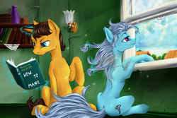 Size: 1500x1000 | Tagged: safe, artist:madhotaru, doctor horse, doctor stable, screw loose, earth pony, pony, unicorn, g4, book, combing, duo, female, glowing horn, horn, magic, male, mare, reading, shelf, stallion, telekinesis, window