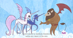 Size: 1535x812 | Tagged: safe, screencap, princess celestia, princess luna, scorpan, g4, twilight's kingdom, hub logo, meme, pandering, youtube caption