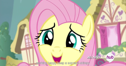 Size: 1536x812 | Tagged: safe, screencap, fluttershy, g4, twilight's kingdom, female, happy, hub logo, meme, solo, youtube caption