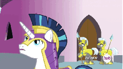 Size: 576x324 | Tagged: safe, screencap, shining armor, pony, unicorn, g4, twilight's kingdom, animated, floating, frown, hub logo, hubble, implied discord, male, open mouth, royal guard, spear, stallion, surprised, the hub, unicorn royal guard, upside down, weapon, wide eyes