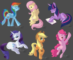Size: 3000x2500 | Tagged: safe, artist:hecatehell, applejack, fluttershy, pinkie pie, rainbow dash, rarity, twilight sparkle, earth pony, pegasus, pony, unicorn, g4, book, butt, cowboy hat, cute, eyes closed, female, gray background, hat, high res, jumping, lidded eyes, looking at you, mane six, mare, open mouth, plot, raised hoof, signature, simple background, smiling, stetson, tongue out