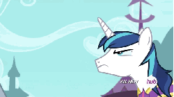 Size: 576x324 | Tagged: safe, screencap, discord, lord tirek, shining armor, centaur, draconequus, pony, unicorn, g4, twilight's kingdom, all new, animated, armor, drained, eating, empty eyes, face down ass up, floppy ears, glare, grabbing, grin, hub logo, hubble, magic, magic theft, male, muzzle grab, nose piercing, nose ring, open mouth, piercing, septum piercing, shaking, sin of greed, smiling, smug, stallion, text, that centaur sure does love magic, the hub, wide eyes
