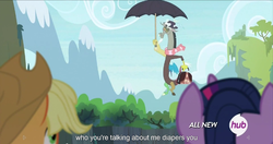 Size: 1535x813 | Tagged: safe, screencap, applejack, discord, twilight sparkle, alicorn, pony, g4, twilight's kingdom, famous movie scene, female, flying, hub logo, mare, mary poppins, meme, twilight sparkle (alicorn), umbrella, youtube caption