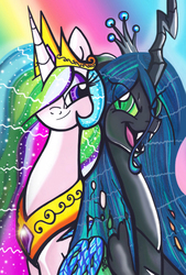 Size: 460x679 | Tagged: safe, artist:aurora-chiaro, princess celestia, queen chrysalis, alicorn, changeling, changeling queen, pony, g4, crown, fangs, female, jewelry, multicolored mane, regalia, traditional art