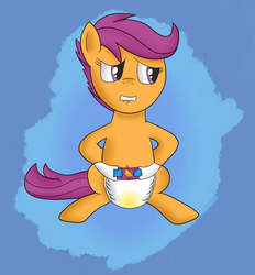 Size: 1280x1380 | Tagged: safe, scootaloo, pegasus, pony, g4, crinkleloo, diaper, diaper fetish, diaper usage, diaperloo, female, fetish, filly, foal, lip bite, non-baby in diaper, pissing, soaked diaper, solo, urine, used diaper, using diaper, wet diaper, wetting diaper