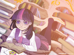 Size: 1024x768 | Tagged: safe, artist:chewchi, twilight sparkle, human, g4, book, clothes, cravat, element of generosity, element of honesty, element of kindness, element of laughter, element of loyalty, element of magic, elements of harmony, female, golden oaks library, humanized, legs in air, missing shoes, pile, pile of books, pixiv, prone, reading, skirt, solo, stocking feet, sweater vest, the pose