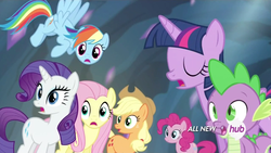 Size: 1279x720 | Tagged: safe, screencap, applejack, fluttershy, pinkie pie, rainbow dash, rarity, spike, twilight sparkle, alicorn, pony, g4, twilight's kingdom, animation error, female, hub logo, mane six, mare, twilight sparkle (alicorn)