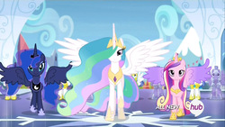 Size: 1280x720 | Tagged: safe, screencap, princess cadance, princess celestia, princess luna, alicorn, pegasus, pony, g4, twilight's kingdom, alicorn triarchy, armor, beautiful, chestplate, colored wings, crown, crystal empire, crystal guard, ethereal mane, ethereal tail, female, flowing mane, flowing tail, hoof shoes, hub logo, jewelry, lidded eyes, looking at you, male, mare, multicolored mane, multicolored tail, multicolored wings, peytral, regalia, royal guard, smiling, spread wings, stallion, tiara, trio focus, walking