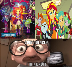 Size: 652x604 | Tagged: safe, adagio dazzle, aria blaze, drama letter, heath burns, snails, snips, sonata dusk, sunset shimmer, watermelody, human, equestria girls, g4, my little pony equestria girls, my little pony equestria girls: rainbow rocks, background human, bernie kropp, coincidence, coincidence i think not, equestria girls logo, meme, op is a duck, the dazzlings, the incredibles