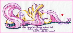 Size: 1024x477 | Tagged: safe, artist:naara-ashley, fluttershy, g4, eyes closed, female, german, heart, solo, traditional art, translated in the comments