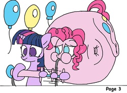 Size: 768x563 | Tagged: safe, artist:boman100, artist:noctulov, pinkie pie, twilight sparkle, earth pony, pony, unicorn, g4, air inflation, air pump, balloon, balloonie pie, belly, belly expansion, big belly, bingo wings, floating, growth, hose, huge belly, inflation, oblivious, puffy cheeks, remake, round belly, spherical inflation