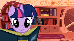 Size: 640x360 | Tagged: safe, artist:mixermike622, queen chrysalis, twilight sparkle, oc, oc:fluffle puff, g4, animated, book, reading, rolling, smiling