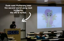 Size: 850x543 | Tagged: safe, fluttershy, g4, background pony strikes again, brony, op is a duck, op is trying to start shit, presentation, worst pony