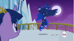 Size: 950x534 | Tagged: safe, screencap, princess luna, twilight sparkle, alicorn, pony, g4, twilight's kingdom, animated, balcony, chestplate, crown, cute, duo, ethereal mane, ethereal tail, eyes closed, eyeshadow, female, flapping, flowing mane, hoof shoes, hub logo, jewelry, majestic, makeup, mare, moon, new crown, raised hoof, regalia, singing, spread wings, twilight sparkle (alicorn), wings, you'll play your part