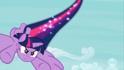 Size: 1366x768 | Tagged: safe, screencap, twilight sparkle, alicorn, pony, g4, twilight's kingdom, animation error, female, flying, hub logo, mare, solo, sparkles, speed trail, the hub, twilight sparkle (alicorn)