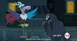 Size: 1538x810 | Tagged: safe, screencap, discord, lord tirek, bird, centaur, g4, twilight's kingdom, all new, birdified, discobird, hub logo, meme, species swap, text, youtube caption