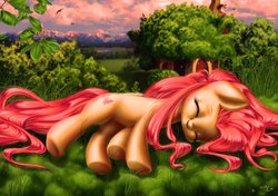 Size: 1065x749 | Tagged: safe, artist:katputze, fluttershy, g4, cute, female, grass, lying, on side, shyabetes, smiling, solo