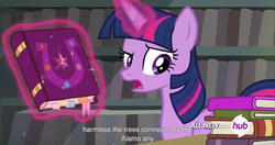 Size: 1536x812 | Tagged: safe, screencap, twilight sparkle, alicorn, pony, g4, twilight's kingdom, female, friendship journal, hub logo, mare, meme, solo, twilight sparkle (alicorn), youtube caption