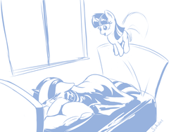 Size: 1200x900 | Tagged: safe, artist:sokolas, twilight sparkle, twilight velvet, g4, bed, blanket, cute, female, monochrome, mother and child, mother and daughter, mother's day, pronking, twiabetes