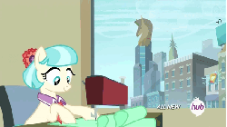 Size: 576x324 | Tagged: safe, screencap, coco pommel, earth pony, pony, g4, twilight's kingdom, animated, cocobetes, crystaller building, cute, fabric, female, gif, grin, happy, hub logo, hubble, manehattan, mare, rainbow, rainbow of light, sewing, sewing machine, smiling, solo, the hub