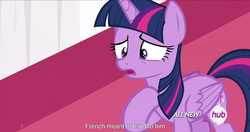 Size: 1534x812 | Tagged: safe, screencap, twilight sparkle, alicorn, pony, g4, twilight's kingdom, female, french, hub logo, mare, meme, solo, twilight sparkle (alicorn), youtube caption