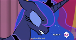 Size: 1535x813 | Tagged: safe, screencap, princess luna, g4, twilight's kingdom, female, hub logo, meme, solo, youtube caption