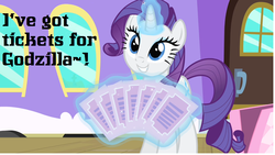 Size: 1288x728 | Tagged: safe, edit, edited screencap, screencap, rarity, g4, my little pony: friendship is magic, rarity takes manehattan, bronybait, female, godzilla (series), godzilla 2014, magic, solo, ticket