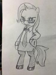 Size: 768x1024 | Tagged: safe, artist:tebasaki, trixie, pony, g4, bipedal, clothes, female, glasses, grayscale, monochrome, simple background, skirt, solo, stockings, suit, traditional art