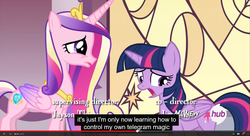 Size: 1600x870 | Tagged: safe, screencap, princess cadance, twilight sparkle, alicorn, pony, g4, twilight's kingdom, female, hub logo, mare, meme, telegram, twilight sparkle (alicorn), youtube caption