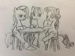 Size: 1024x768 | Tagged: safe, artist:tebasaki, rarity, trixie, twilight sparkle, pony, unicorn, g4, chair, eyes closed, grayscale, monochrome, simple background, sitting, stool, table, traditional art, unicorn twilight