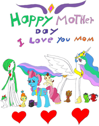 Size: 2522x3189 | Tagged: safe, artist:pokeneo1234, cup cake, pound cake, princess celestia, pumpkin cake, oc, oc:ben mare, oc:nyx, gardevoir, ralts, g4, crossover, foal, heart, high res, mother's day