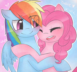 Size: 1600x1506 | Tagged: safe, artist:farfromserious, pinkie pie, rainbow dash, earth pony, pegasus, pony, g4, abstract background, blushing, emoticon, eyelashes, eyes closed, female, floppy ears, heart, hug, lesbian, open mouth, raised eyebrow, ship:pinkiedash, shipping, smiling, spread wings